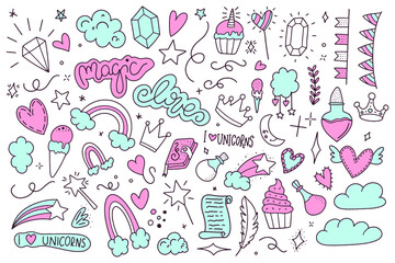 Unicorn and Magic Doodles. Cute unicorn and pony collection with magic items. Hand drawn line style. Vector doodles illustrations. © Selma