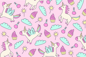 Unicorn and Magic Doodles. Cute unicorn and pony collection with magic items. Hand drawn line style. Vector doodles illustrations.