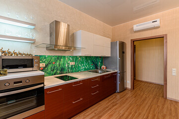 Russia, Moscow- January 27, 2020: interior room apartment modern bright cozy atmosphere. general cleaning, home decoration, preparation of house for sale. kitchen, dining area