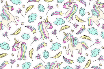 Unicorn and Magic Doodles. Cute unicorn and pony collection with magic items. Hand drawn line style. Vector doodles illustrations.