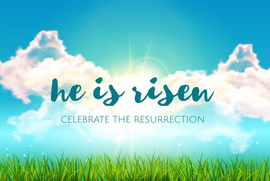 He is risen. Easter spring blue sky with sun rise background. Vector illustration
