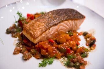 French food - Grilled fillet salmon eat with spicy sauce