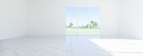 3d rendering of empty room and  marble floor reflection with clear glass door in perspective view,  clean and new condition use to background.