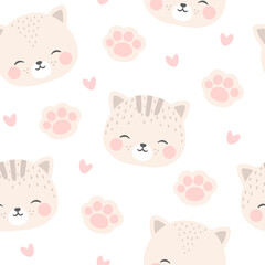 cats with cute kitty paw seamless pattern, doodle cat animals background, kitten vector illustration