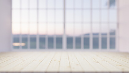 3d rendering of wood countertop product display and blurred window background.
