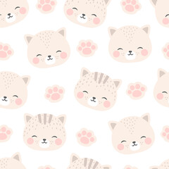 cats with cute kitty paw seamless pattern, doodle cat animals background, kitten vector illustration