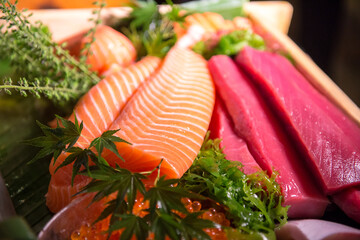 Pure meat of salmon and maguro before making premium japanese sushi