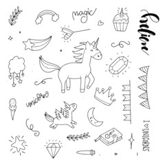 Obraz premium Unicorn and Magic Doodles. Cute unicorn and pony collection with magic items. Hand drawn line style. Vector doodles illustrations.