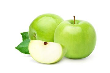 Fresh green apples with green leaf and sliced  isolated on white background.