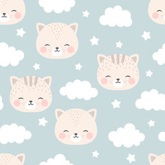 cats with cute kitty paw seamless pattern, doodle cat animals background, kitten vector illustration