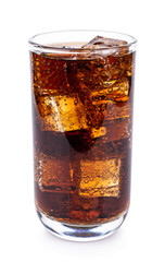 Cola in glass with ice cubes on white background