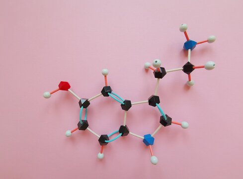 Molecular structure model of serotonin molecule. Serotonin is a monoamine neurotransmitter, hormone of happiness, a contributor to feelings of well-being and happiness. Black=C, red=O, blue=N, white=H