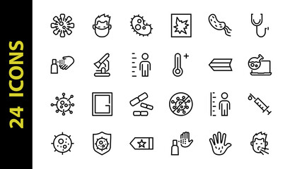 CORONAVIRUS set of icons on the theme of coronavirus, contains icons such as antiseptic, hand washing, mask, bacteria, sneezing, temperature Editable stroke, Vector illustration
