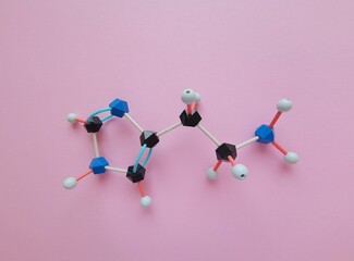 Molecular structure model of histamine molecule. Histamine is an organic nitrogenous compound...