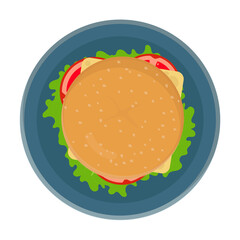 Burger with lettuce, tomatoes, cheese and cutlet on a blue plate. Flat vector illustration.