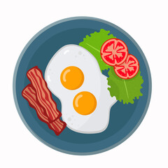 Fried eggs with bacon, tomatoes and salad on a blue plate.  Flat vector illustration.