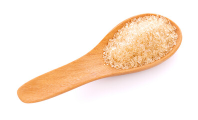 Brown sugar in spoon on white background