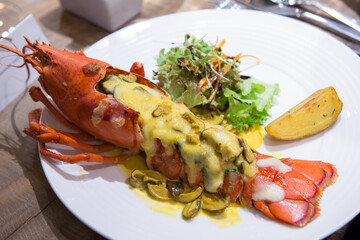 Lobster with mushroom yellow creamy sauce