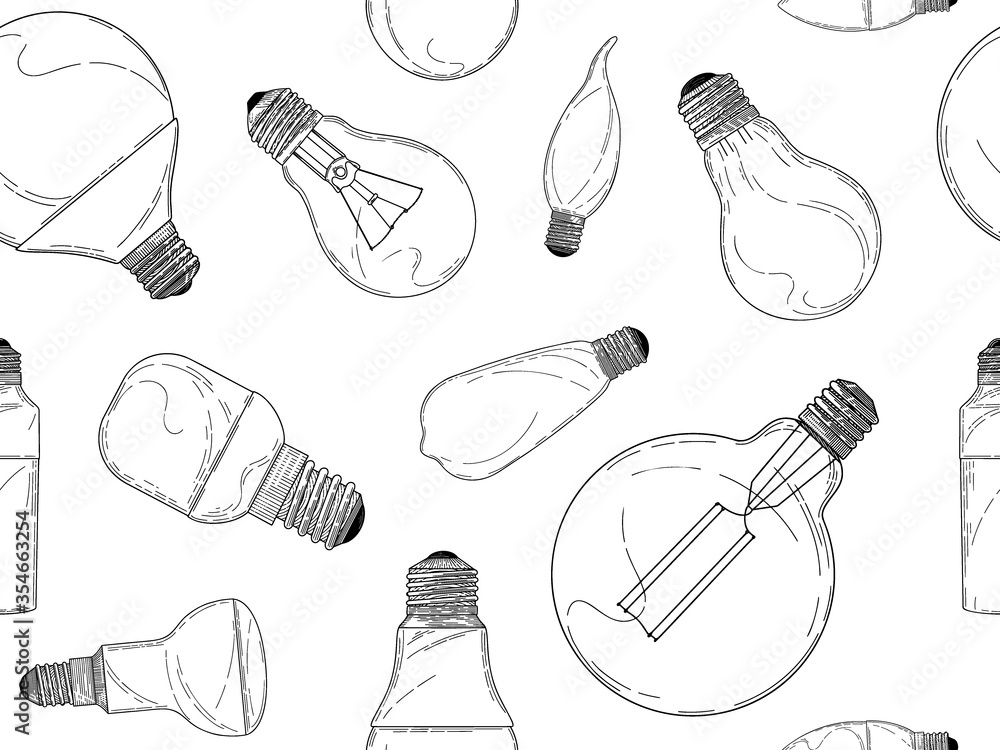 Poster sketch of different light bulbs isolated on a white background. seamless pattern. vector