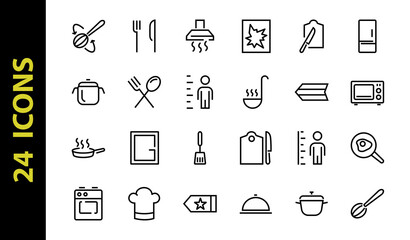 Set of cooking and kitchen icons, Vector lines, contains icons such as frying pan, frying, microwave, fork with spoon, Editable stroke, perfect 480x480 pixels, white background.