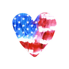 Watercolor heart with USA flag. Print design for t-shirts, cards. Abstract illustration for American holidays.