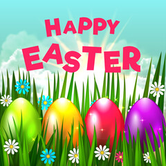 Bright Easter Card. Template card with Easter eggs, grass and flowers on the blue sky background with colored inscription. Floral paints. Happy Easter. Vector background.