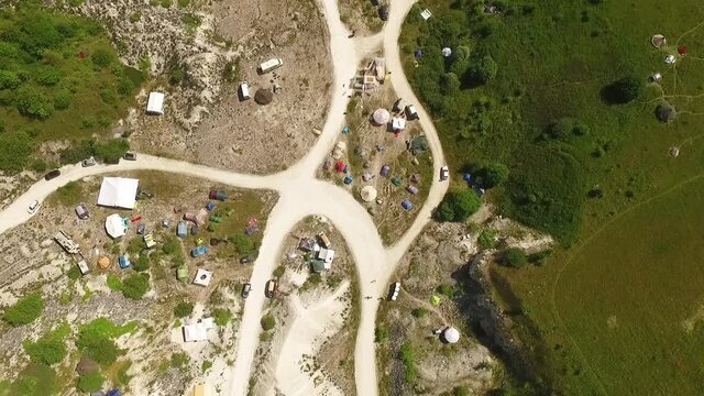 A bird's-eye-view shows tents set up for the Borderland Festival in Denmark.