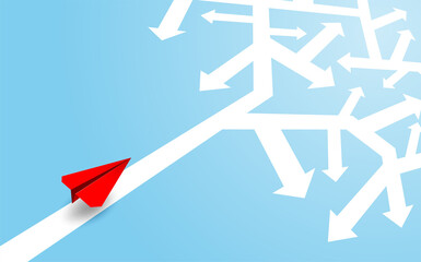 Decision business, Problem solving, way to success concept. Red paper plane flying choose a way to success. paper art style. vector. illustration.