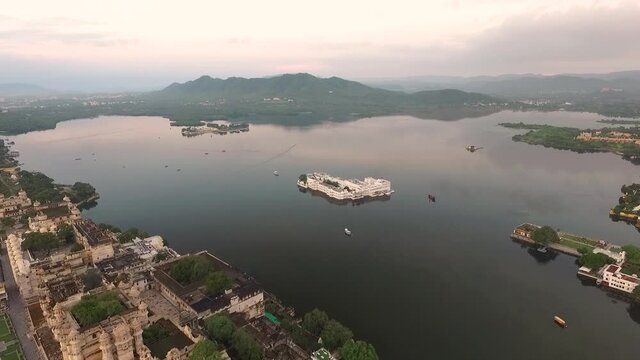 An aerial view shows the Taj Lake Palace on Lake Pichola in Udaipur, India is seen.