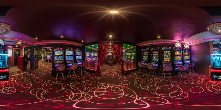 LAS VEGAS, USA - MAY, 2017: full seamless hdri panorama 360 degrees view in interior elite luxury vip casino with rows of slot machines in red style in equirectangular spherical projection. VR content
