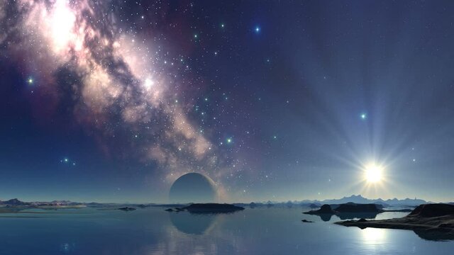 Sunrise over the Alien Lake. In the dark sky, bright stars, a nebula and a planet (moon) above the horizon. The bright sun rises and is reflected in the water, poured among the rocks and islands.

