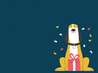 Brown and white dog sitting in the right corner with a gift box on blue textured background. Greetings card, banner, or poster template illustration.
