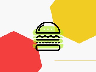 Social Media post Template Design For food and Restaurant Business. Delicious Burger Icon, logo or sticker for your design, menu, website, promotional or offer or discount in yellow and red background