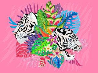 White tiger head roar wild cat in colorful jungle. Rainforest tropical leaves background drawing. Pink background. Tiger stripes hand drawn vector character art illustration