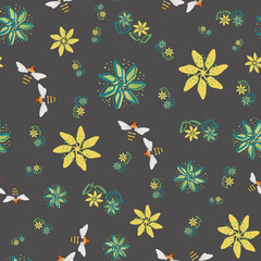 Honey bee and flowers vector seamless pattern background. Hand drawn insect and painterly florals on dark backdrop. Garden wildlife design. All over print for nature, conservation, fall concept.