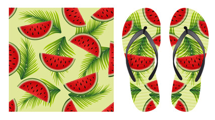 Summer abstract bright seamless pattern with watermelon slices and palm leaves. Pattern design for printing on flip-flops. Visualization of flip-flops