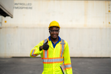 Portrait of African happy worker in protective safety jumpsuit uniform  with hardhat and use laptop computer at cargo container 