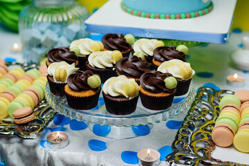 Delicious sweets on candy bar.  Cupcakes