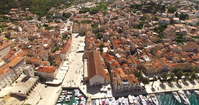 An aerial view shows boats docked in the port town of Hvar, Croatia.