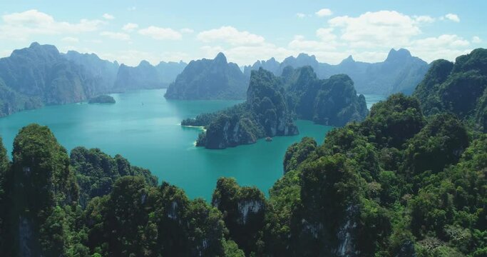 An aerial view shows green mountain islands of Khao Sok National Park in Surat Thani, Thailand.