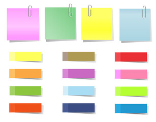 Colorful sticker memo notepads attached with metal paper clips. Isolated on white background. Vector Illustration. Idea for stationery business concept.