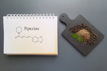 Structural chemical formula of piperine molecule with ground black pepper powder and black pepper...