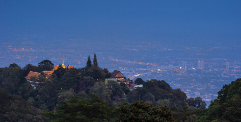 Naklejka premium Landscape morning of Doi Suthep with high-angle photos and City of Chiang Mai background, Thailand. 