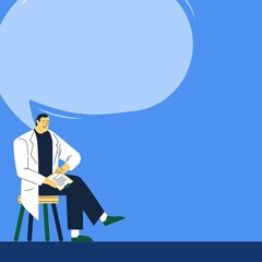 Handsome male doctor in medical uniform  Sitting on a chair and give advice or recommendation.Attractive or cute physician speaking with speech bubble and holding clipboard. Colorful flat illustration