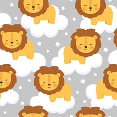Lion cute seamless pattern, vector illustration background, animal cartoon pattern for kids