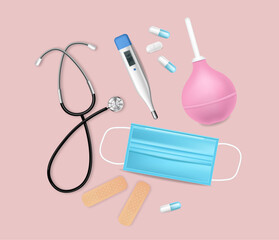 Medical equipment Vector realistic. Advertise banner with protection mask. test, needls and thermometer 3d illustrations