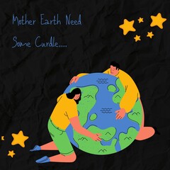Earth day or save earth or love the earth illustration contains of a man and woman holding or hugging earth in black background with stars.world/planet in rest, Globe need to recover from coronavirus.