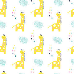 Tropical seamless pattern with giraffe and exotic leaves. Vector