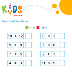 True or false math worksheet. Comparing numbers worksheet. Easy worksheet, for children in preschool, elementary and middle school.