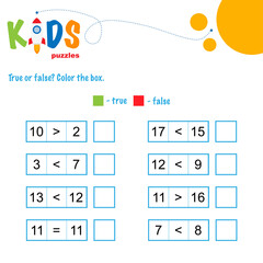 True or false math worksheet. Comparing numbers worksheet. Easy worksheet, for children in preschool, elementary and middle school.